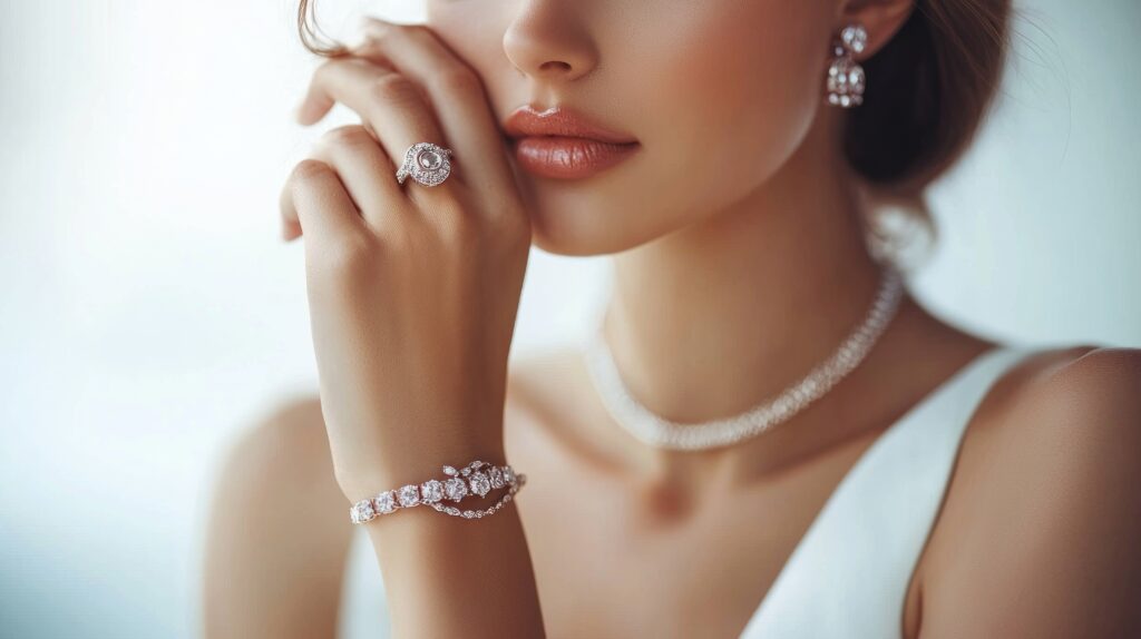 Lady in white outfit shows elegant jewelry, bracelet. Product image with women's jewelry concept. --ar 16:9 --quality 2 --v 6.1 Job ID: f7b8d1ed-fbef-45ba-844b-786f30a335c9
