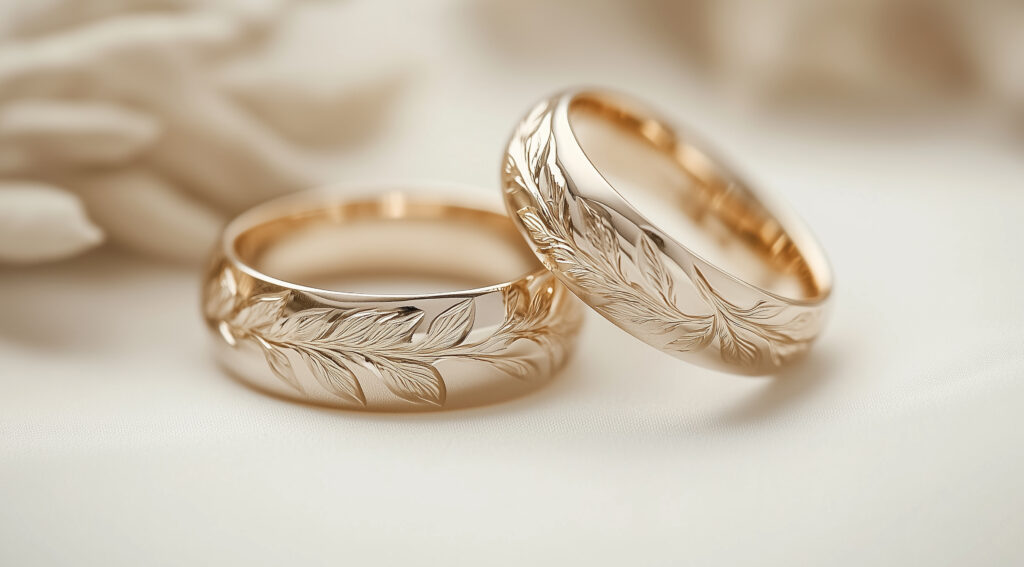 Wedding, gold wedding rings with engraving on a light background, close up, created with Generative AI technology