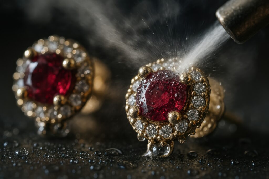 Red ruby earrings are steam cleaned, revealing vibrant colors, intricate settings, and enhanced brilliance through professional care.