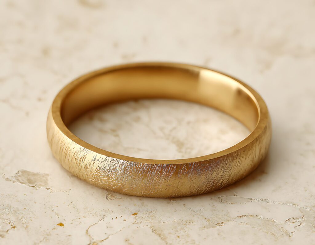 Gold band staged on warm ivory matte background with natural studio lighting