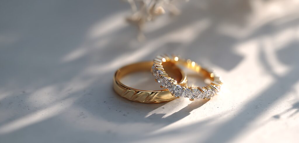 Jewelry on pale grey surface with crisp angled shadow from soft light source