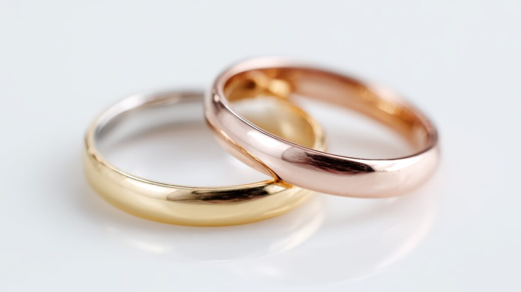 A trio of elegant Wedding Rings: one in White Gold, one in Yellow Gold, and one in Rose Gold, beautifully displayed side-by-side and isolated on a pure white background. Studio product photography,