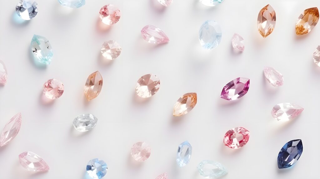 Colorful gemstones scattered on white surface. Elegant jewelry background with assorted precious stones..