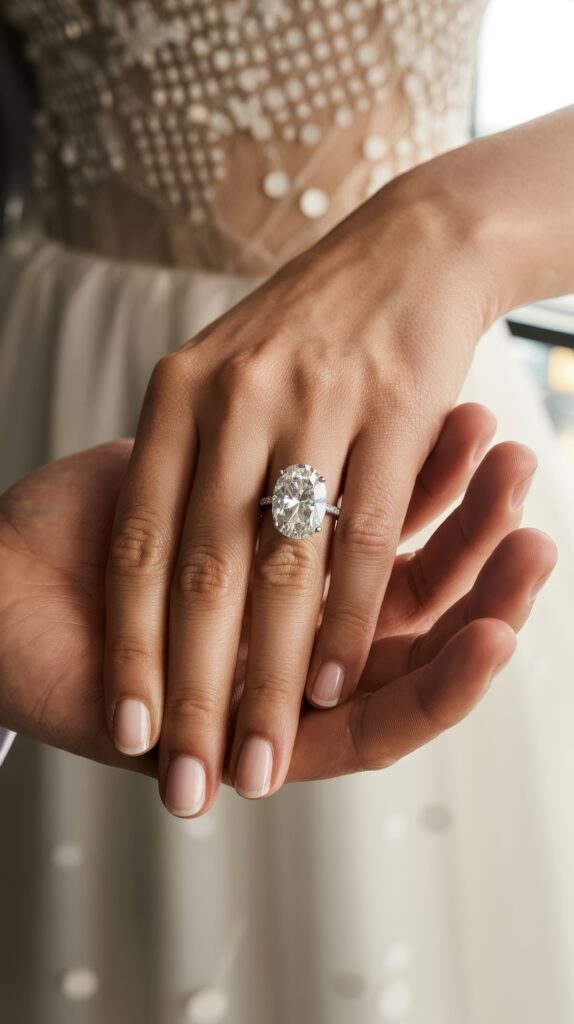 Close-up of a woman's hand wearing an elegant oval diamond engagement ring, gently held by another hand, with a blurred bridal gown in the background